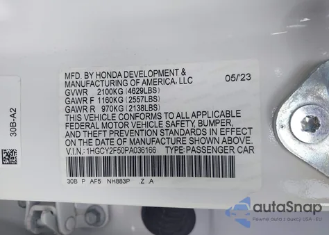 2023 Honda Accord Hybrid Sport from USA, damaged, VIN 1HGCY2F50PA036166
